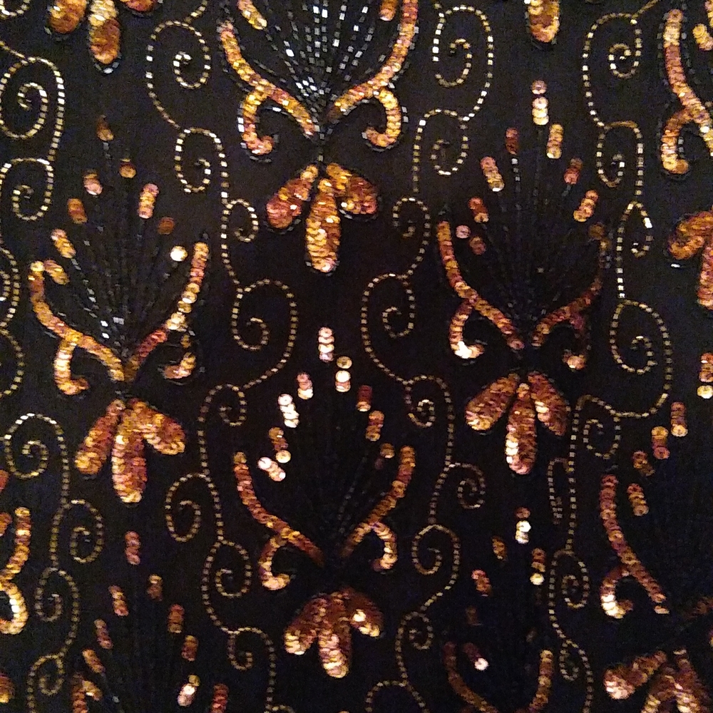 Black Gold bronze sequins silk fancy blouse Long Sleeve Party XL - Picture 2 of 6